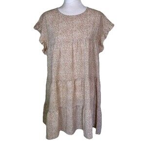 Womens Cottagecore Tiered Babydoll Dress Tan Ditsy Print Flutter Sleeve Sz Med